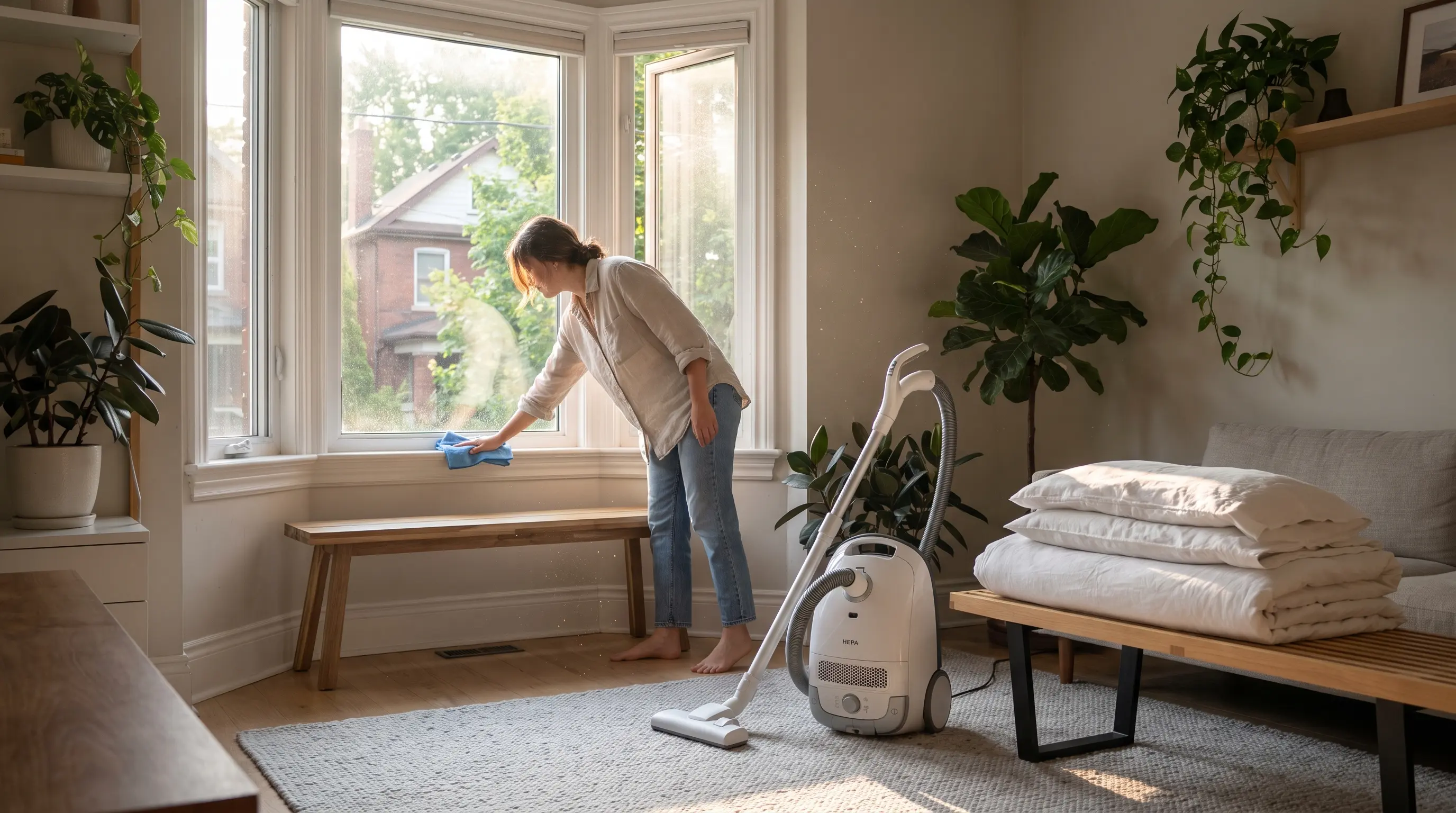 Sunlit Toronto living room being cleaned during allergy season, with a HEPA vacuum, fresh bedding, and pollen visible in the light