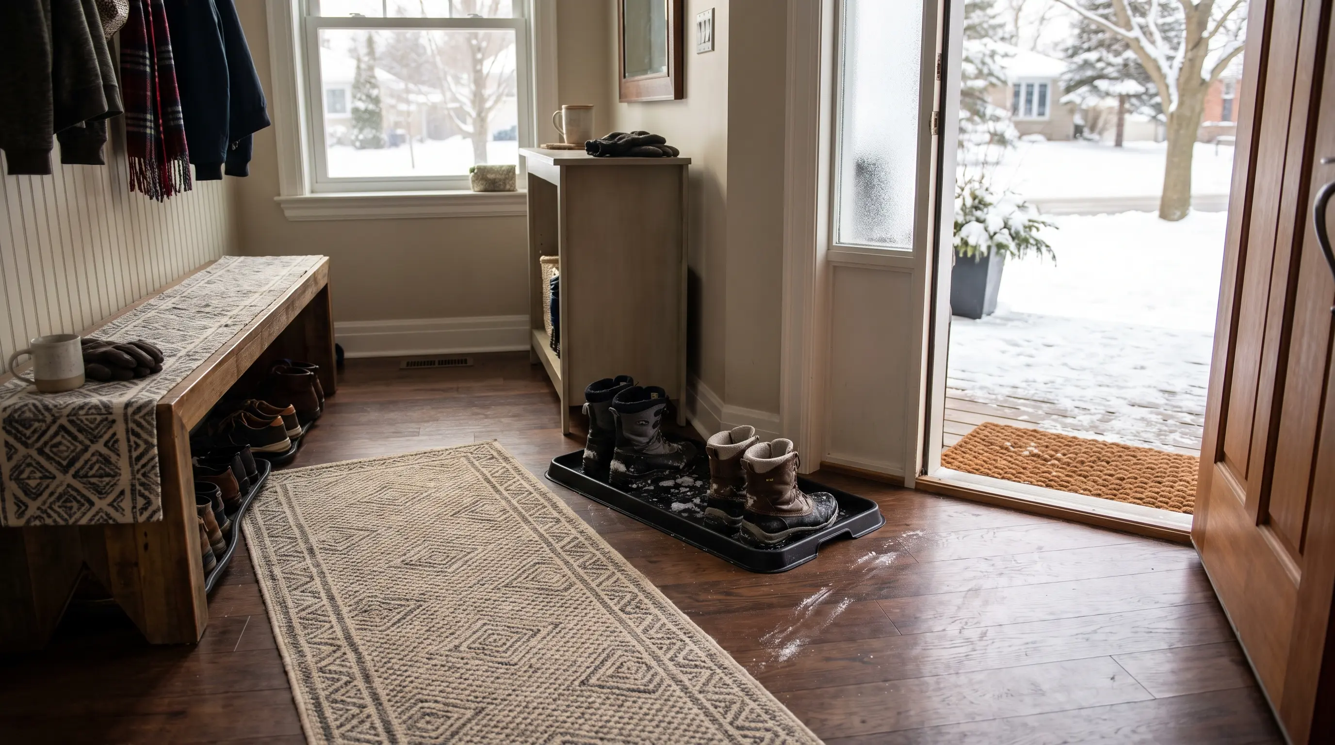 Clean entryway with absorbent mat, boot tray, and runner on hardwood floor, protected from salt and slush in winter