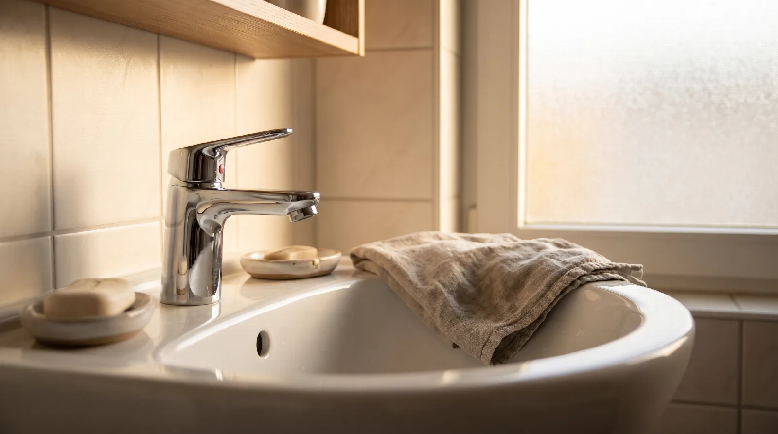 A clean bathroom sink with a polished faucet, reflecting a fresh atmosphere.