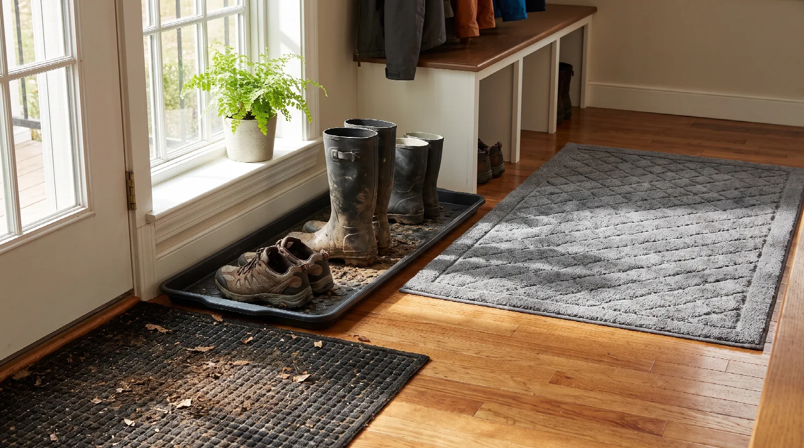 A clean entryway with a waterproof boot tray and absorbent mats.