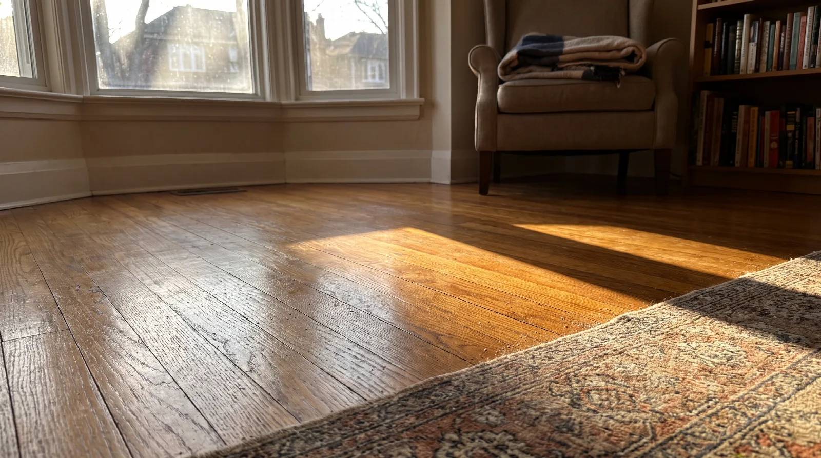 A well-maintained hardwood floor with natural light highlighting its beauty.