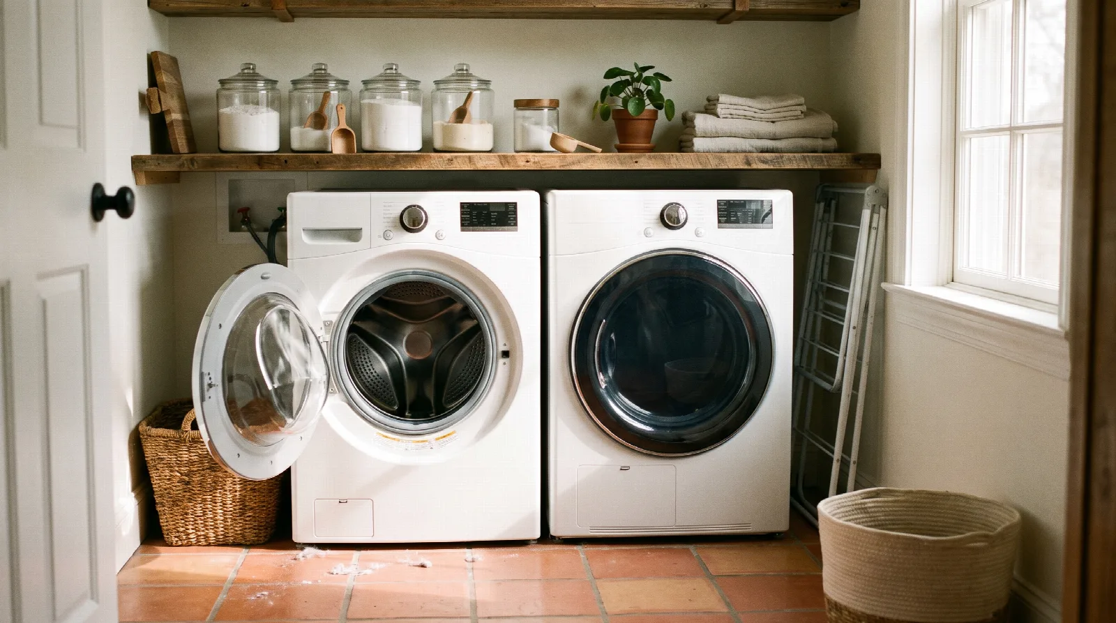 A clean and organized laundry room with a washing machine and dryer.
