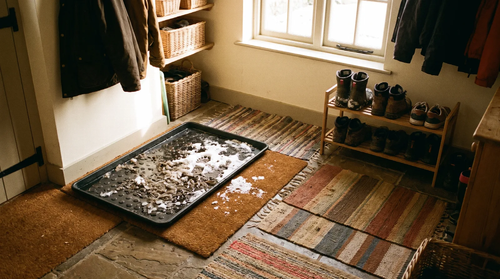 A clean mudroom with a waterproof boot tray and absorbent mats to manage dirt.