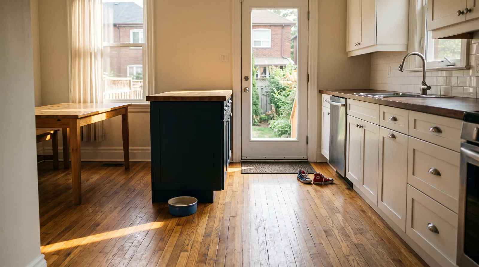 Sunlit Toronto family kitchen with a freshly mopped hardwood floor after a regular cleaning visit