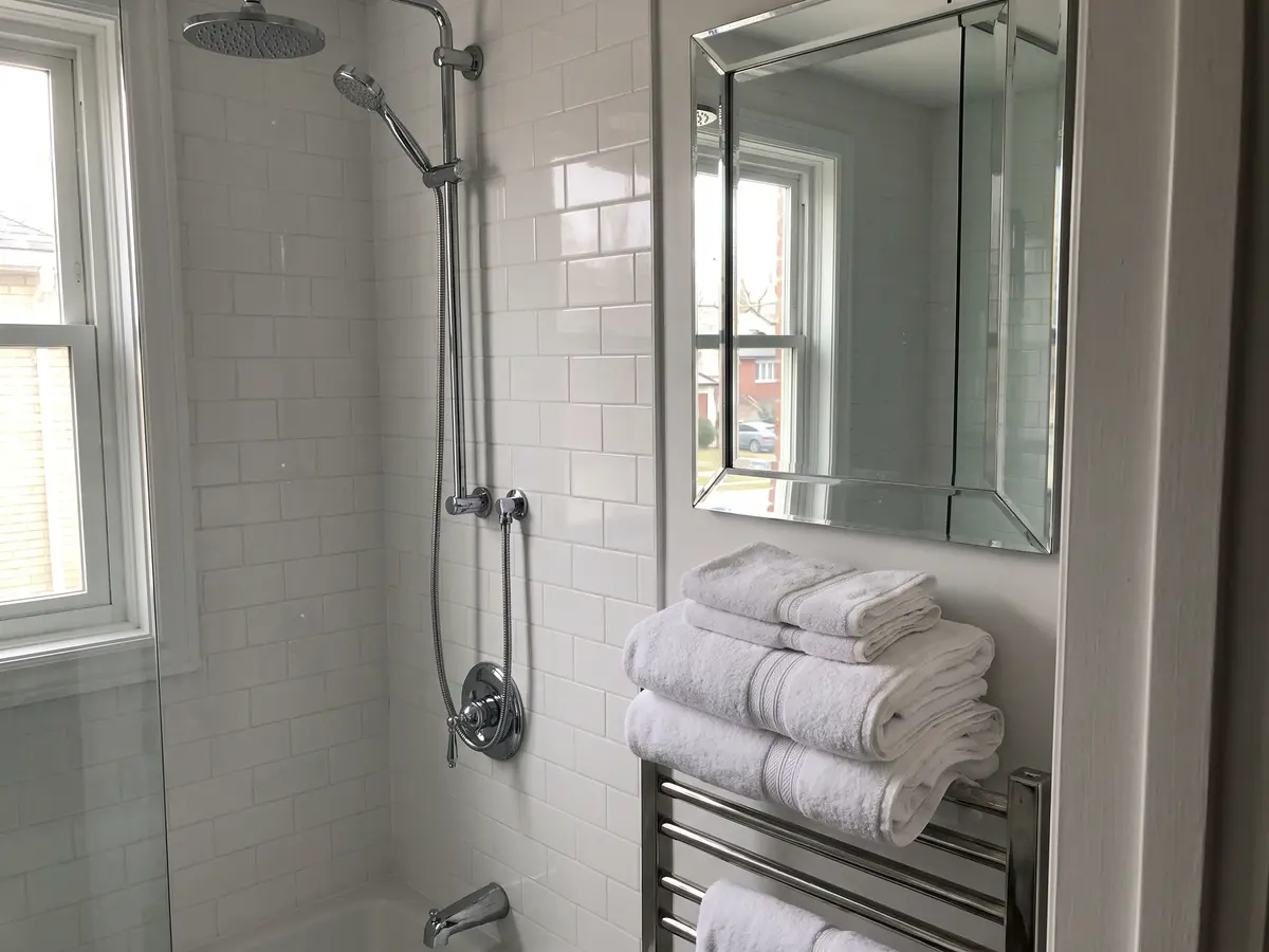 Spotless bathroom with polished chrome fixtures and fresh towels