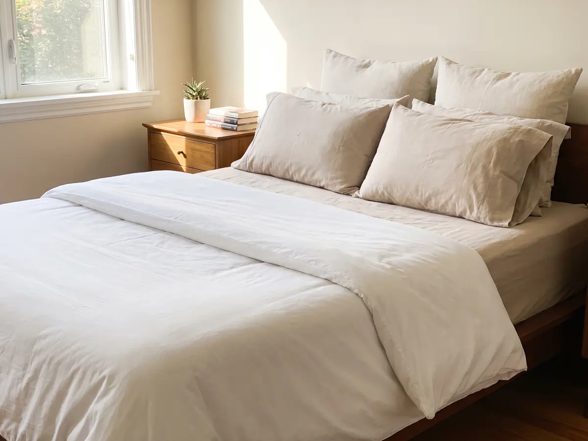 Crisply made bed with fresh linens after a Pure Maids cleaning