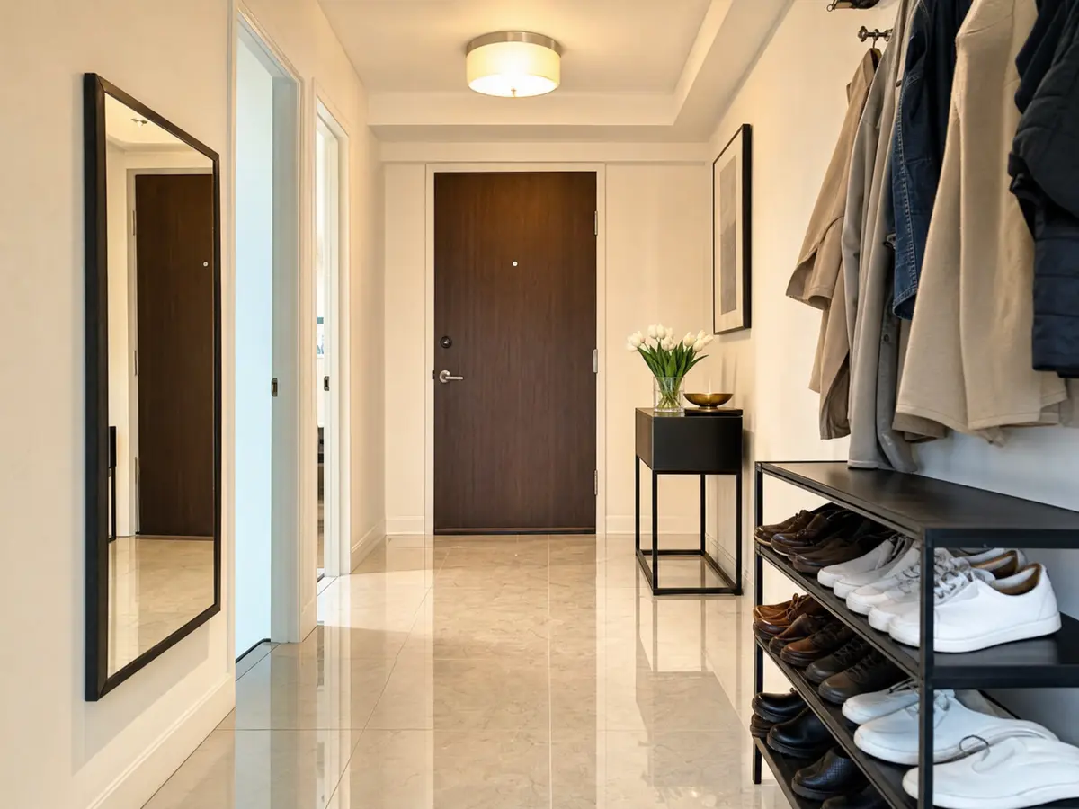 Sparkling clean condo entryway with organized shoes and a smudge-free mirror