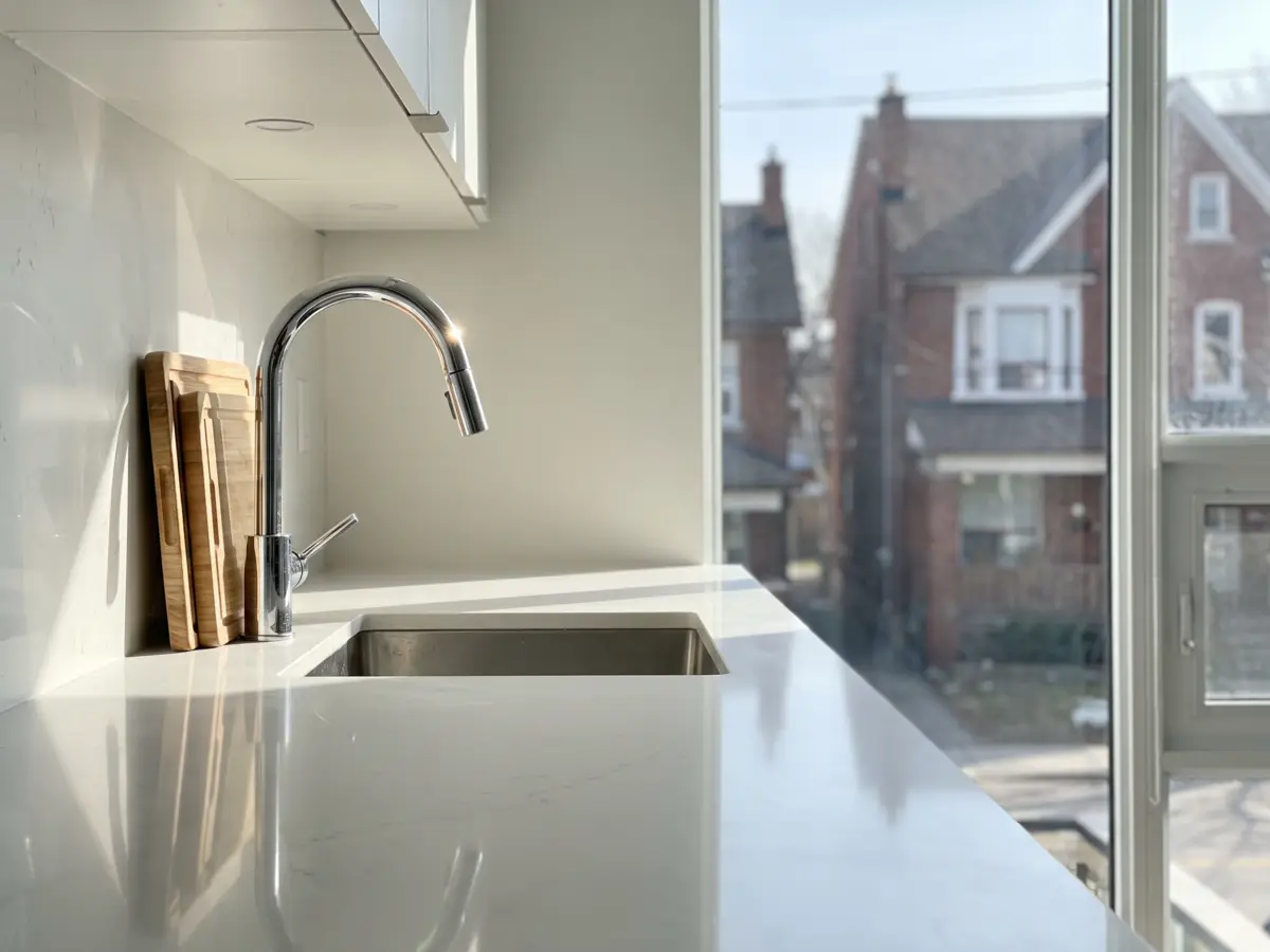 Sparkling clean kitchen counter and faucet after a Pure Maids cleaning in Toronto