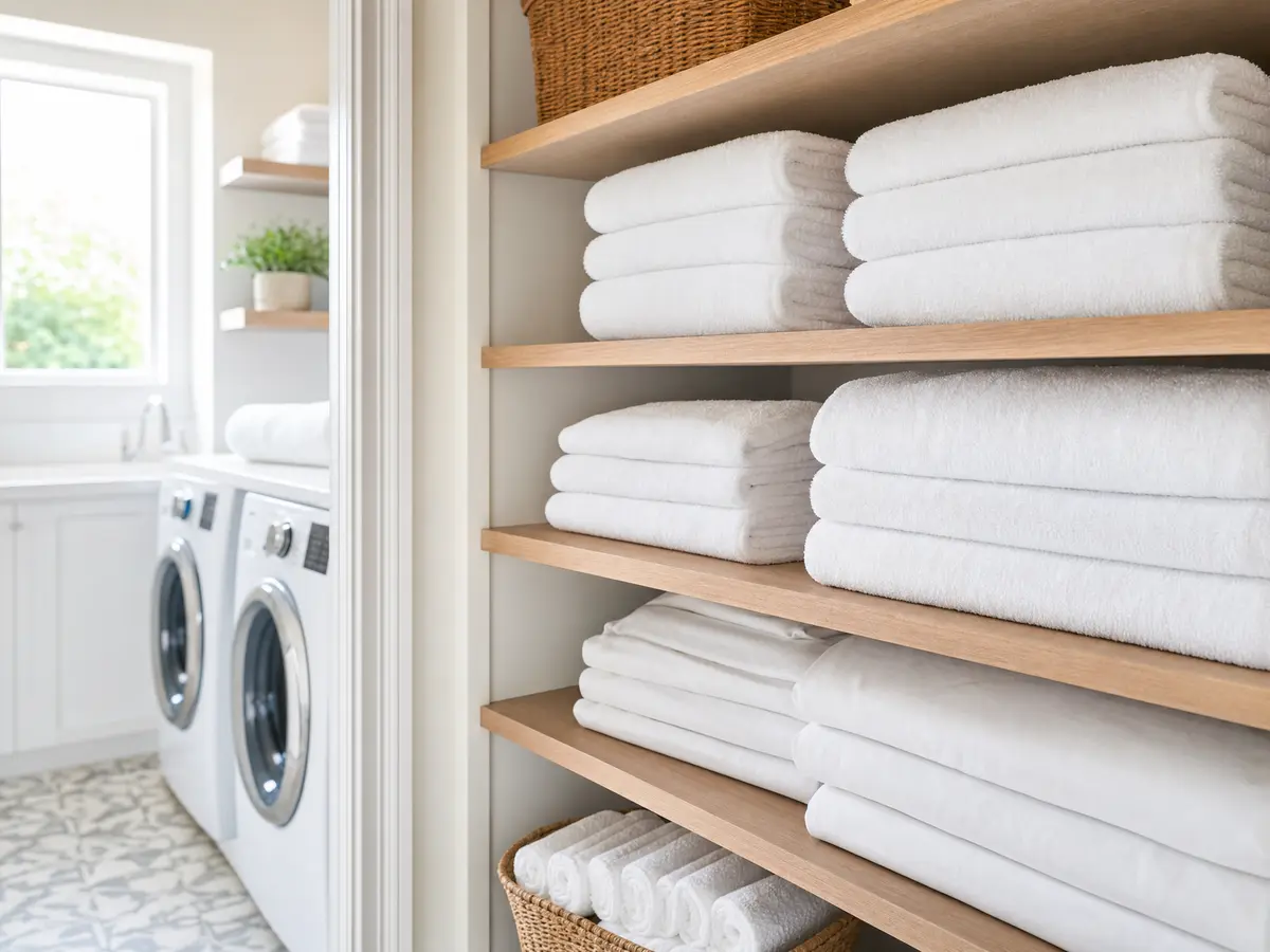 Crisp white towels and fresh linens folded in perfect stacks after a Pure Maids cleaning