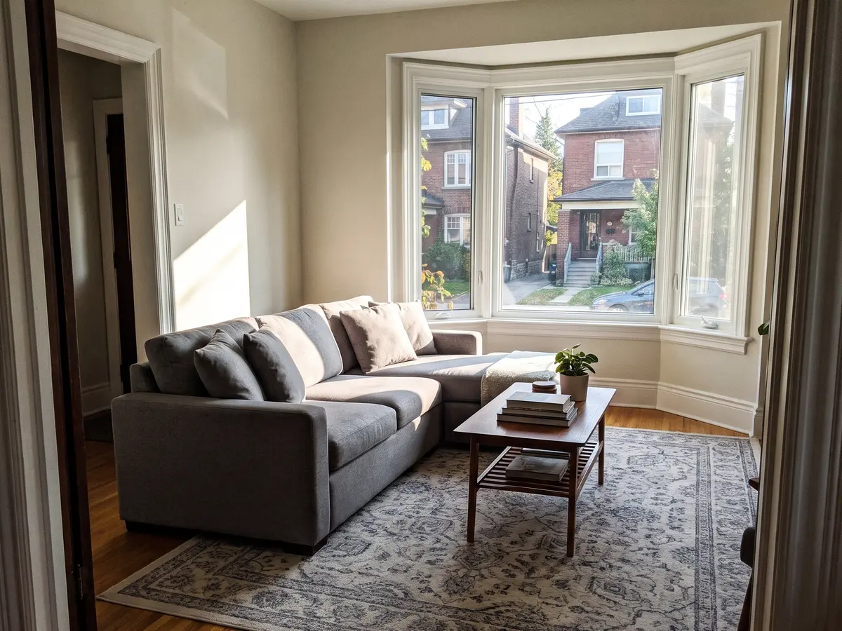 Tidy living room with vacuumed rug after a Pure Maids visit