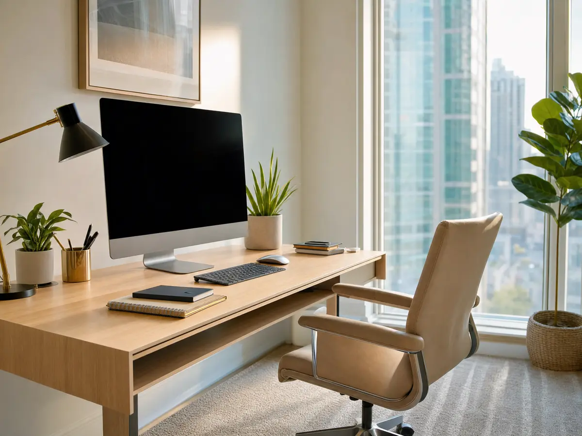 Freshly cleaned bright home office with a spotless desk after a Pure Maids visit