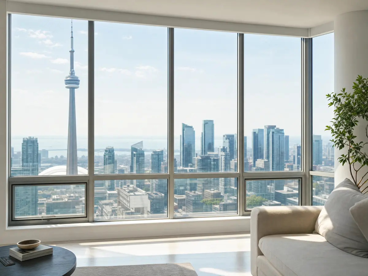 Streak-free floor-to-ceiling windows with the Toronto skyline after a Pure Maids window cleaning