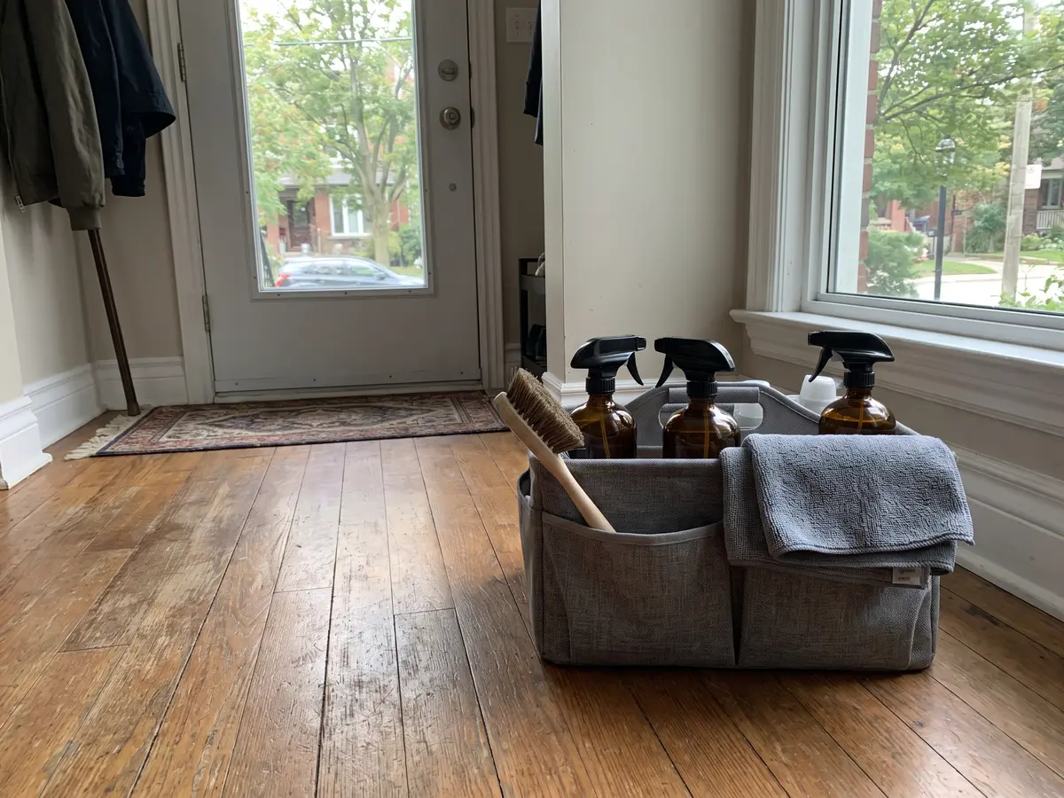 Pure Maids eco-friendly cleaning caddy ready by the front door